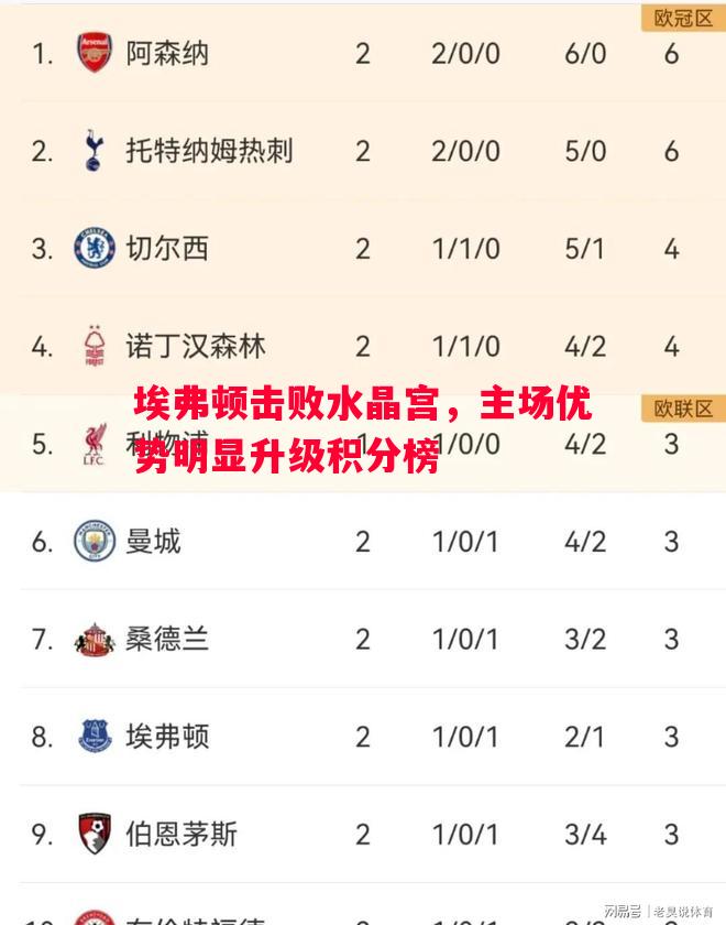 埃弗顿击败水晶宫，主场优势明显升级积分榜